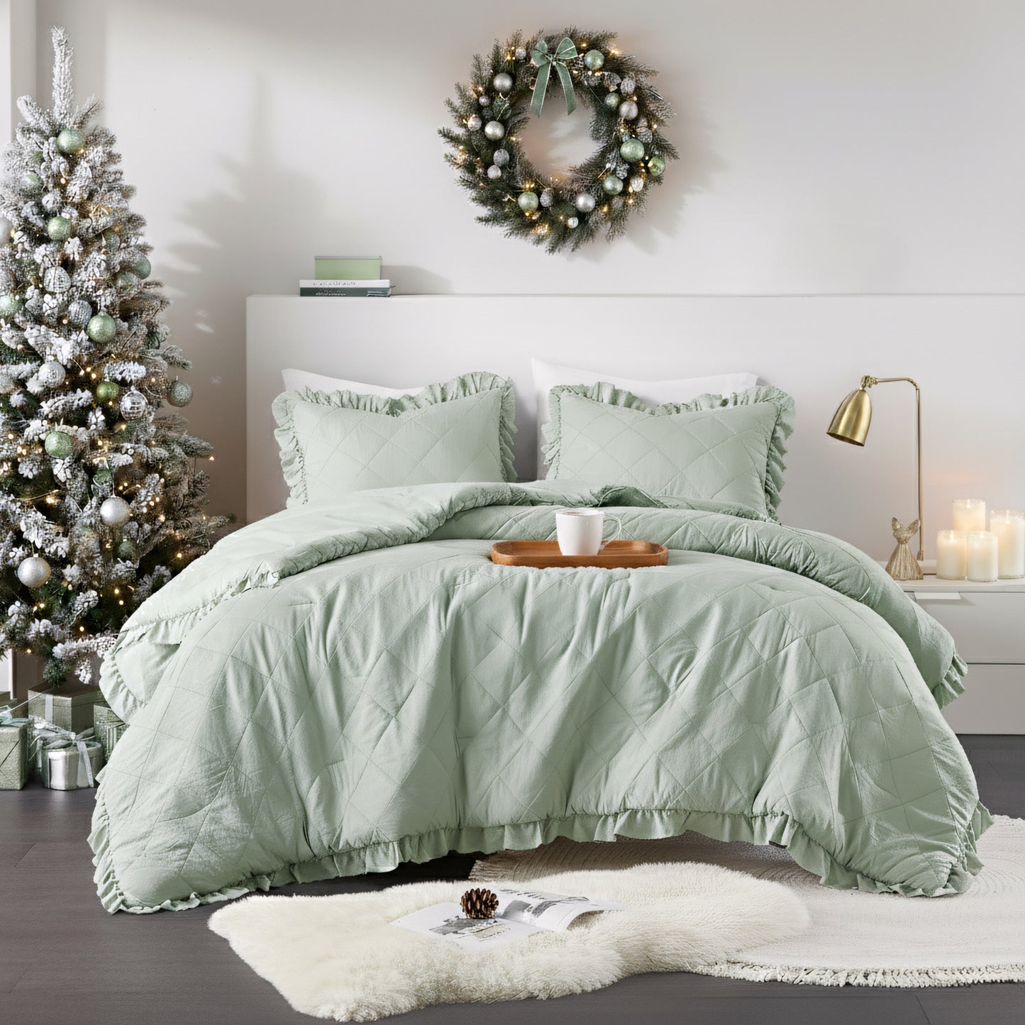 Phoebe Diamond Quilted Ruffle Edge Comforter Set
