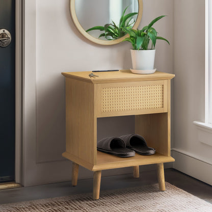 N/A Rattan Accent Side Table with Drawer Storage & Lower Open Shelf