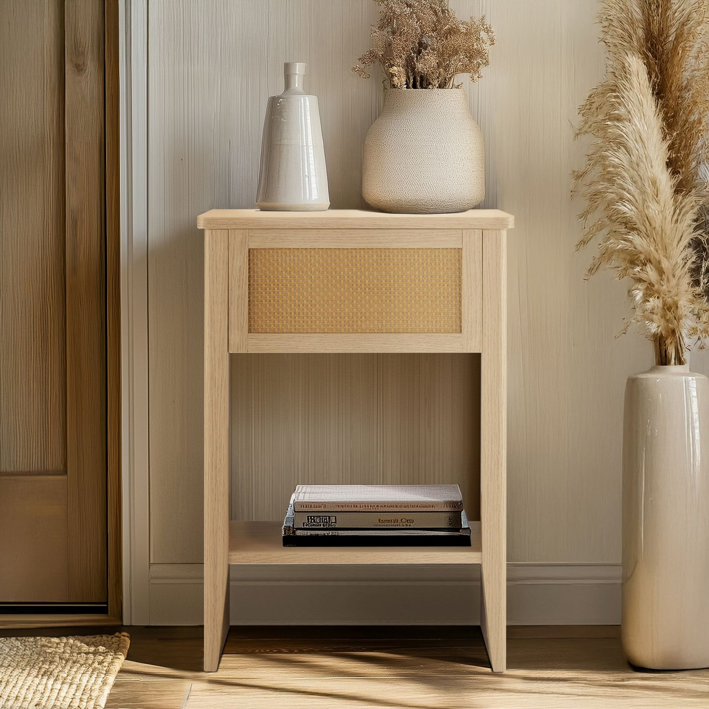 N/A Rattan Accent Side Table with Drawer Storage & Lower Open Shelf