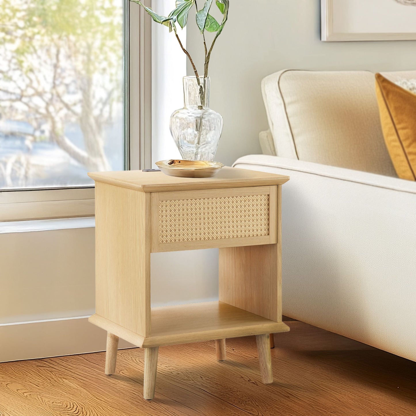 N/A Rattan Accent Side Table with Drawer Storage & Lower Open Shelf