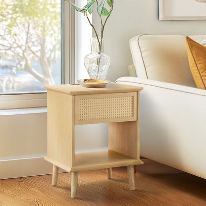 N/A Rattan Accent Side Table with Drawer Storage & Lower Open Shelf