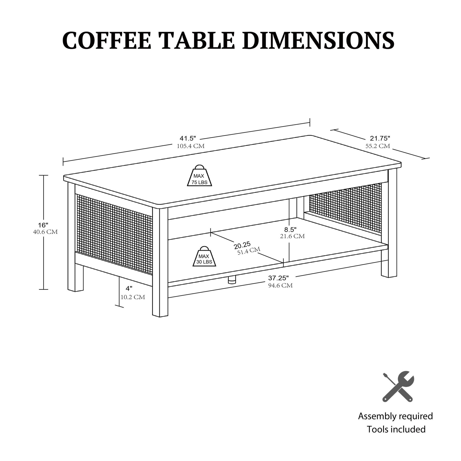 N/A 2-Tier Coffee Table with Rattan Sides & Spacious Open Shelf Storage