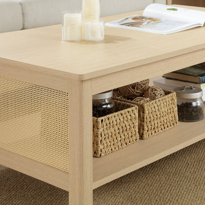 N/A 2-Tier Coffee Table with Rattan Sides & Spacious Open Shelf Storage