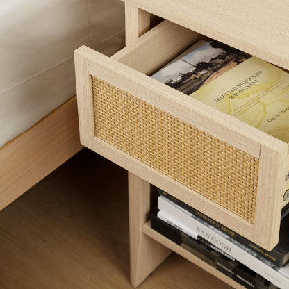 N/A Rattan Accent Side Table with Drawer Storage & Lower Open Shelf