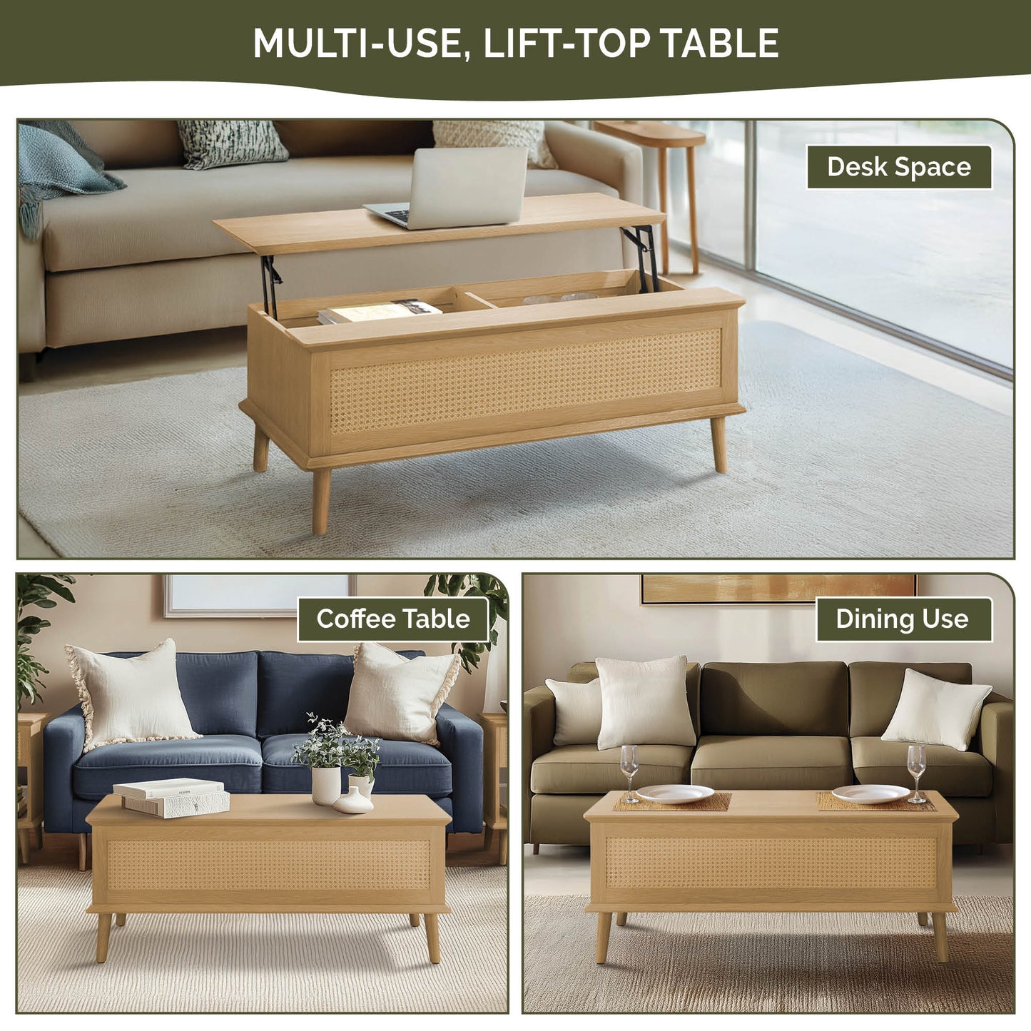 N/A Rattan Lift-Top Coffee Table with Storage