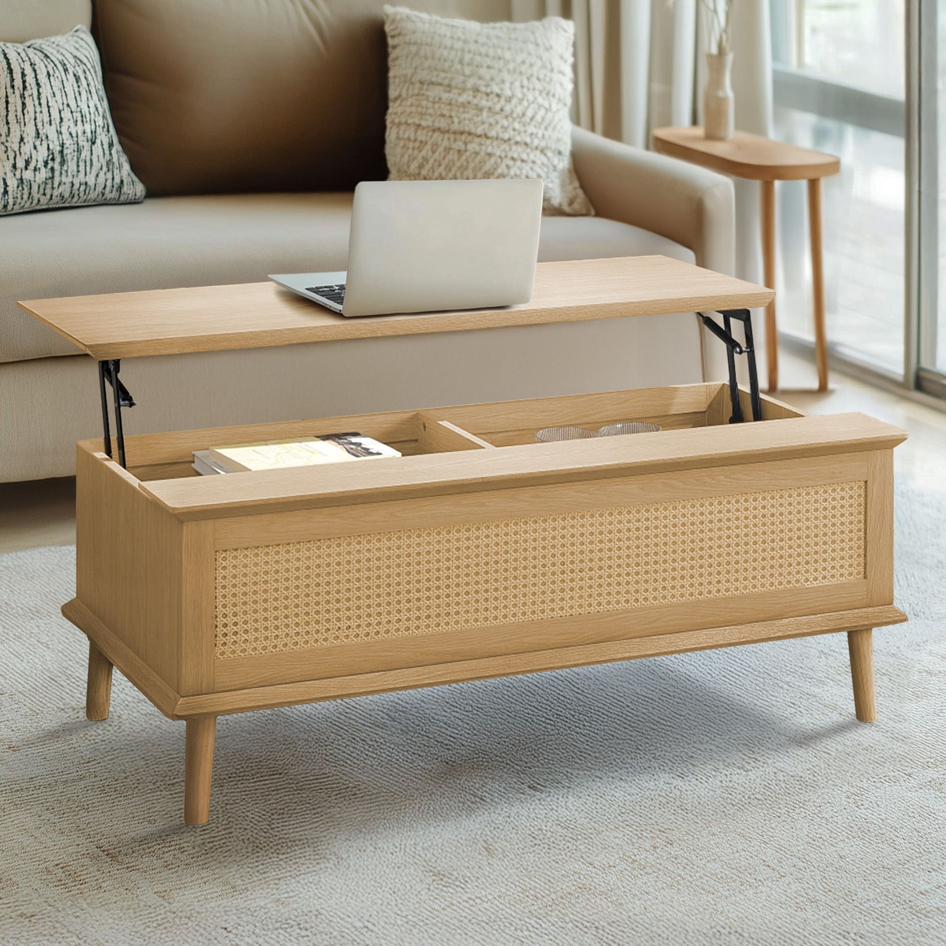 N/A Rattan Lift-Top Coffee Table with Storage